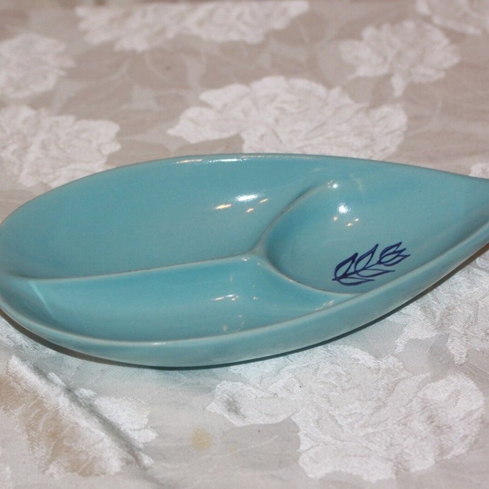 Vtg Cronin Blue Tulip Pottery Teardrop Divided Relish Serving Dish-USA:RETRO FAB